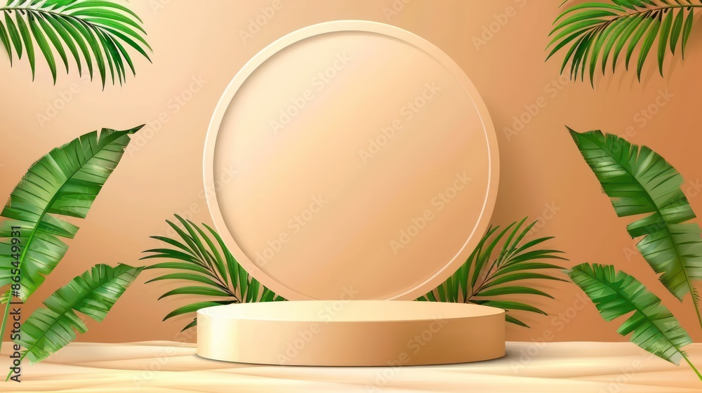 Elegant beige podium with lush green leaves in modern minimalist style. Elegant beige podium with lush green leaves in modern minimalist style.