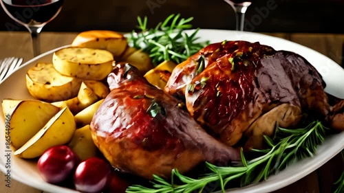  Deliciously roasted chicken with potatoes and herbs ready to be savored photo