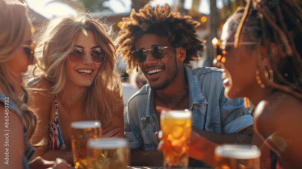 A group of friends are laughing and enjoying drinks at an outdoor gathering, with bright sunlight and a festive atmosphere in the background, evoking happiness and camaraderie. A group of friends are laughing and enjoying drinks at an outdoor gathering, with bright sunlight and a festive atmosphere in the background, evoking happiness and camaraderie.