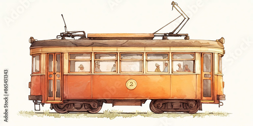 Charming vintage tram illustration showcasing detailed passengers and nostalgic vibes