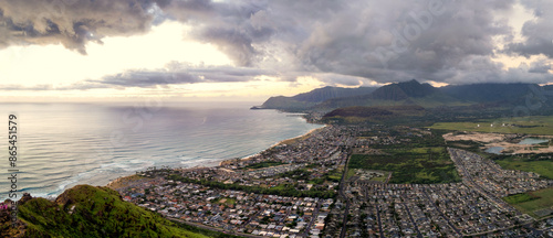 Aerial sunset view of Nanakuli and Maili, Hawaii on the west coast of Oahu photo