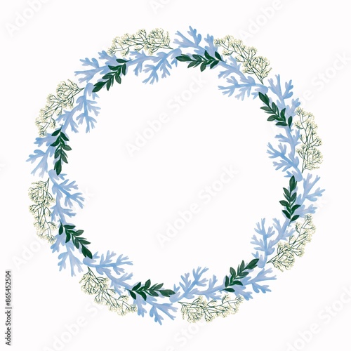 plant circle of baby's breath, ruscus leaf and silverdust leaf flowers for design purposes