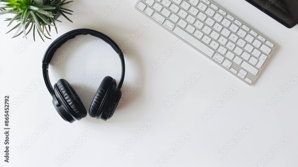 Modern Workspace with Headphones and Keyboard - Generative AI Modern Workspace with Headphones and Keyboard - Generative AI