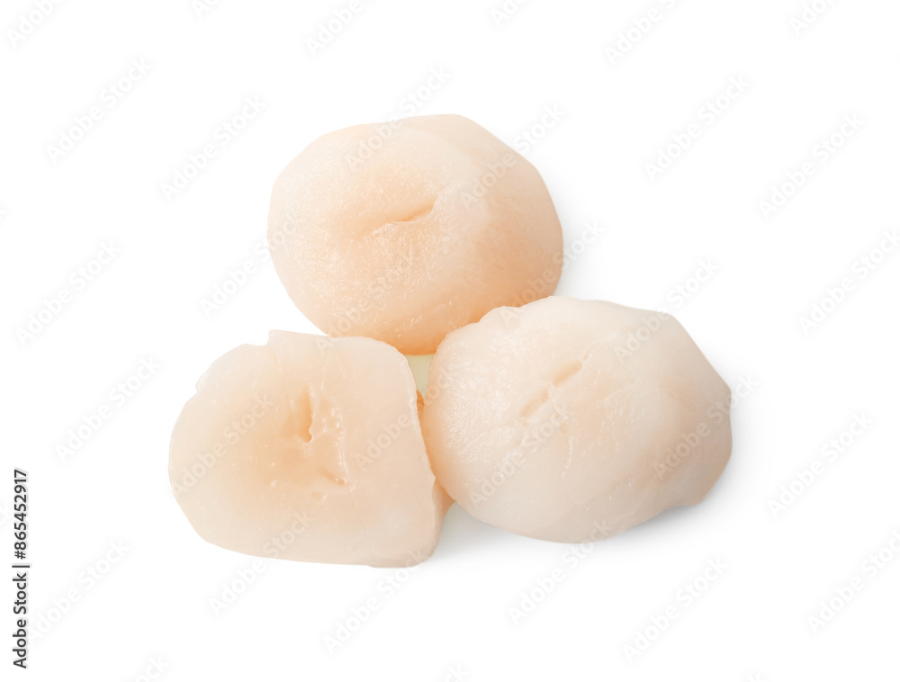 Fresh raw scallops isolated on white, top view