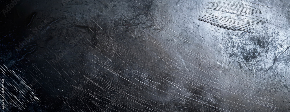 Fototapeta premium Brushed silver metallic surface with subtle scratches and imperfections, reflecting soft light against a dark gray background.