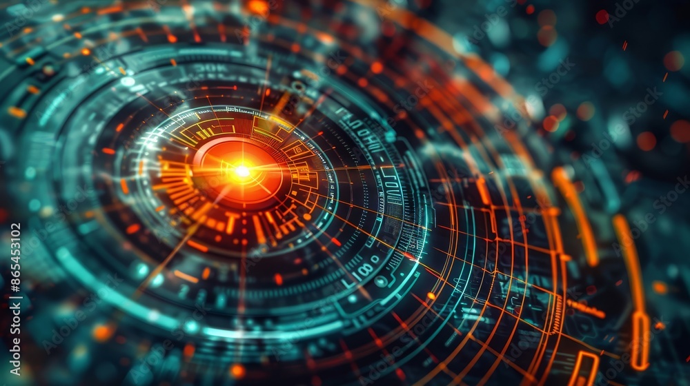 This image showcases a high-tech digital interface featuring a bright central core surrounded by an array of intricate, glowing patterns and configurations. This image showcases a high-tech digital interface featuring a bright central core surrounded by an array of intricate, glowing patterns and configurations.