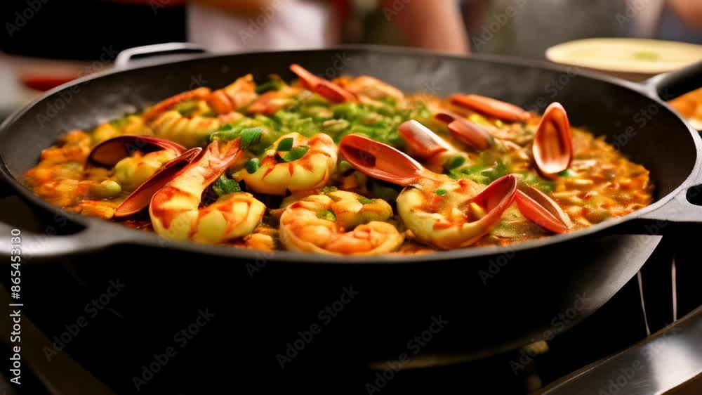 Delicious seafood stirfry in a wok ready to serve Delicious seafood stirfry in a wok ready to serve