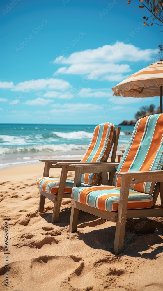 Fototapeta premium beach chairs and umbrella HD 8K wallpaper Stock Photographic image