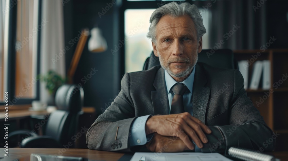 A senior executive seated at a desk, with hands folded and looking directly into the camera, exuding authority and experience A senior executive seated at a desk, with hands folded and looking directly into the camera, exuding authority and experience