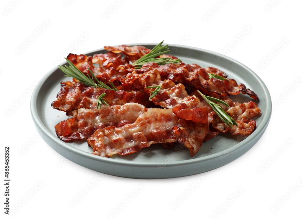 Slices of tasty fried bacon and rosemary isolated on white Slices of tasty fried bacon and rosemary isolated on white