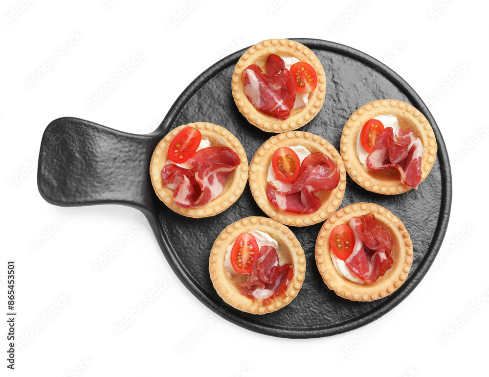 Delicious canapes with jamon, cream cheese and cherry tomatoes isolated on white, top view Delicious canapes with jamon, cream cheese and cherry tomatoes isolated on white, top view