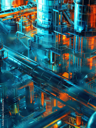 A vibrant, close-up view of futuristic industrial machinery featuring an array of metallic structures and connectors, with a blend of blue and orange hues illuminating the entire setup.
