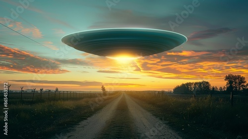 Alien Spacecraft Looming Over Countryside Road © BG_Illustrations