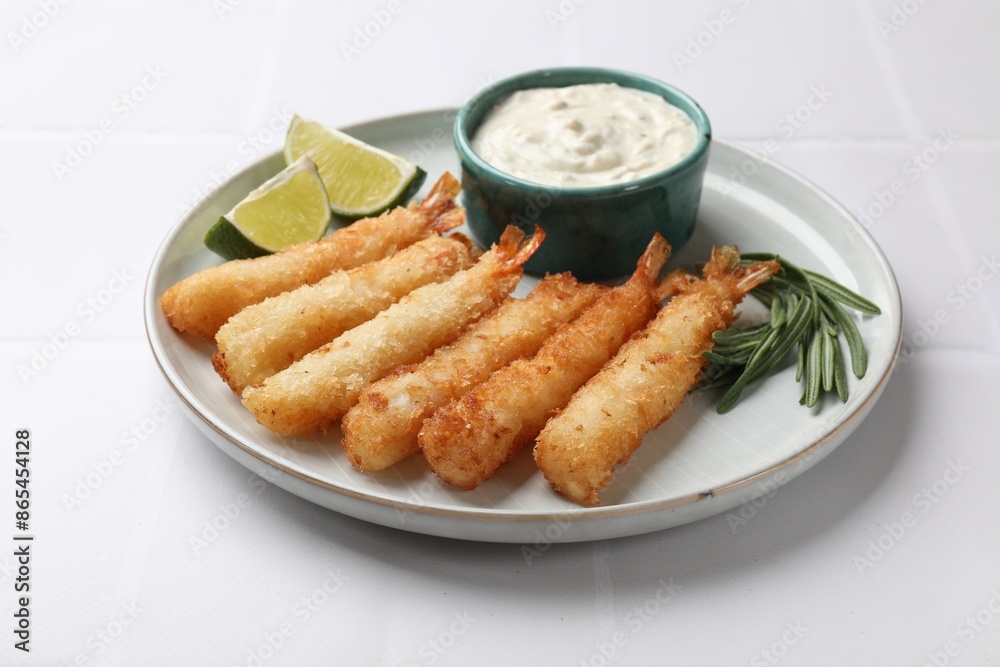Delicious breaded fried shrimps served on white tiled table Delicious breaded fried shrimps served on white tiled table