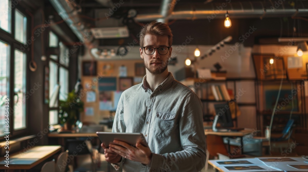 A young entrepreneur in a co-working space, holding a tablet and looking innovative and forward-thinking A young entrepreneur in a co-working space, holding a tablet and looking innovative and forward-thinking
