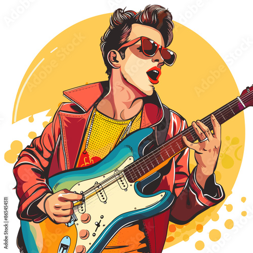 Guitar player in red jacket and sunglasses. Vector illustration.