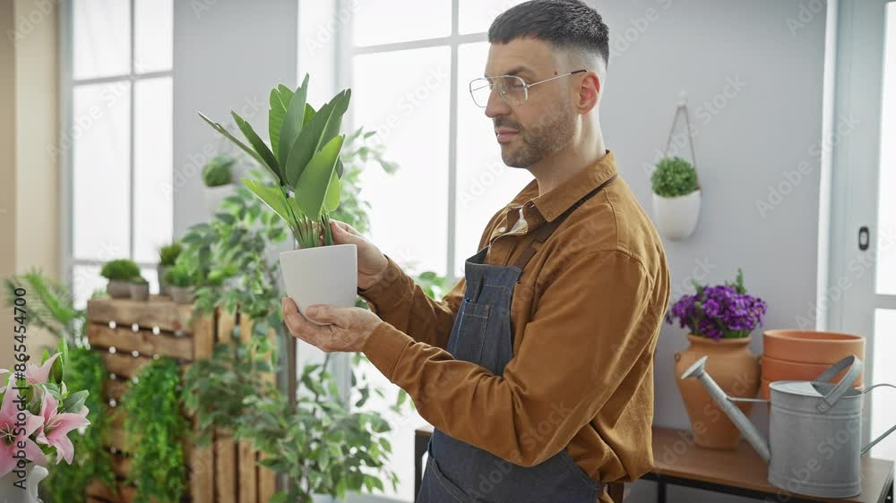 Smiling man holding a plant pot in a sunny, indoor flower shop, surrounded by various greenery. Smiling man holding a plant pot in a sunny, indoor flower shop, surrounded by various greenery.