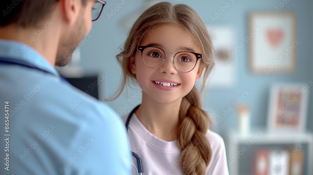 Bright and cheerful scene featuring a young girl wearing glasses, interacting with a man in a medical setting, girl looks happy and engaged, creating a warm, caring, professional atmosphere. Bright and cheerful scene featuring a young girl wearing glasses, interacting with a man in a medical setting, girl looks happy and engaged, creating a warm, caring, professional atmosphere.