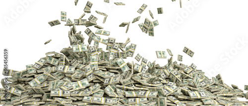 Pile of cash with money falling on transparent background