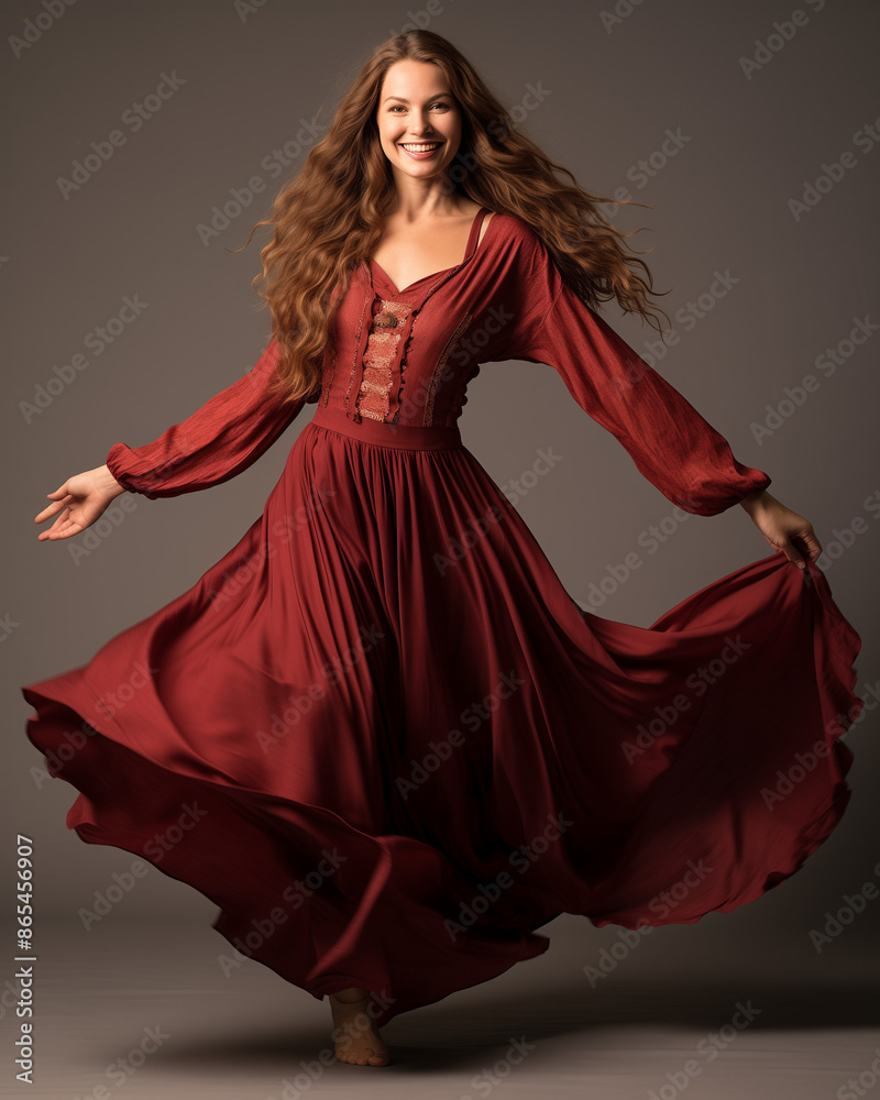 Elegant dancer in flowing red dress with obscured face, embodying grace and movement. Elegant dancer in flowing red dress with obscured face, embodying grace and movement.