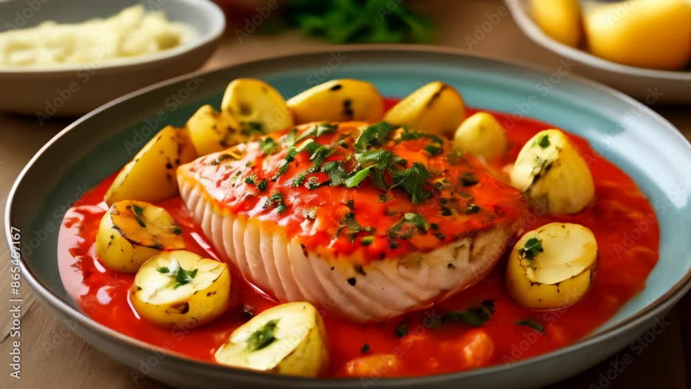  Delicious seafood dish with a vibrant red sauce and garnished with herbs and lemon wedges