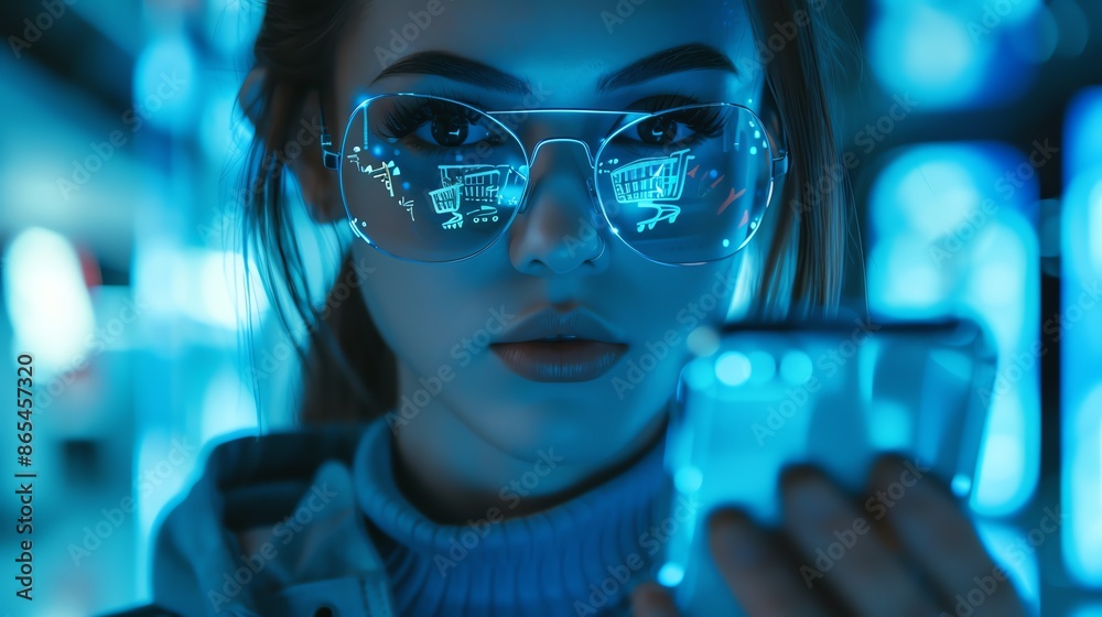 photo futuristic woman holding phone with shopping hologram, front view, showcasing high-tech shopping solutions, sci-fi tone, Monochromatic Color Scheme photo futuristic woman holding phone with shopping hologram, front view, showcasing high-tech shopping solutions, sci-fi tone, Monochromatic Color Scheme