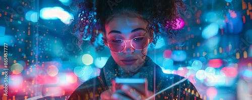 photo futuristic woman using cell phone to view Black Friday sales hologram, top view, emphasizing innovative shopping technology, cybernetic tone, Triadic Color Scheme