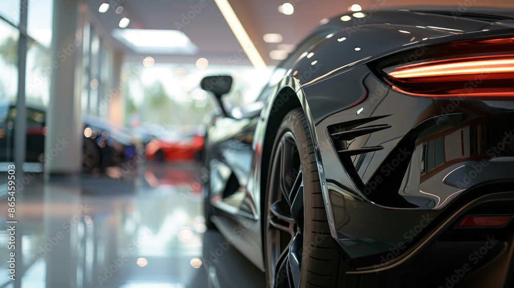 Close up of a black car in a car dealership. Car suitable for automotive industry promotions. Back view of a black car on blurred background. Selective focus. Generative AI. Close up of a black car in a car dealership. Car suitable for automotive industry promotions. Back view of a black car on blurred background. Selective focus. Generative AI.