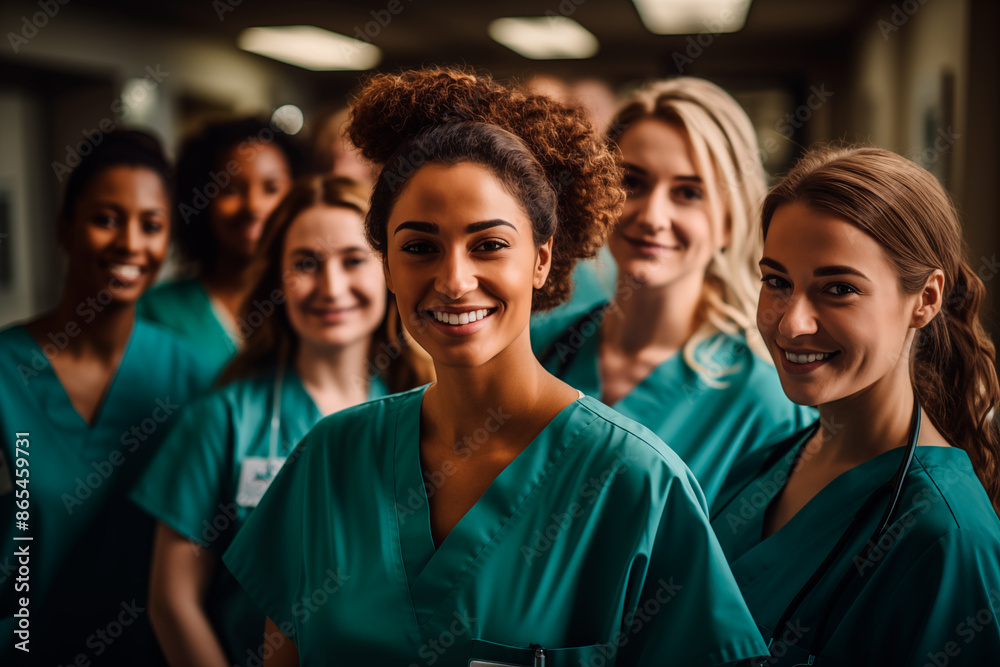 Fototapeta premium Portrait of an multiethnic group of happy medical female students nurses in the teaching hospital. They are smiling. Generative AI