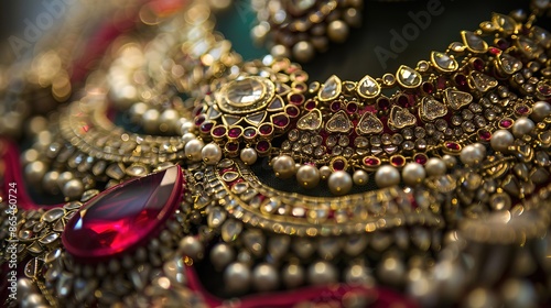 A detailed closeup view of a metal plate adorned with intricate gold decorations