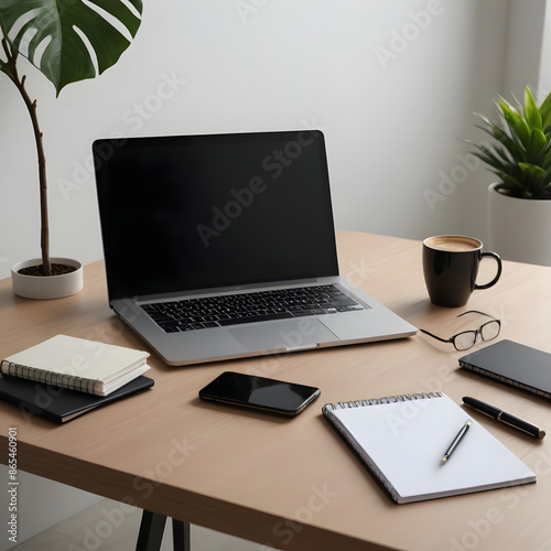 Modern workplace with laptop computer, coffee cup and office supplies