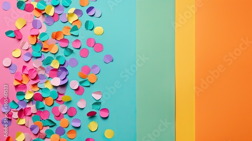 Papercut confetti on a vibrant rainbow background, bright and cheerful celebration