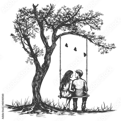 Tree Swing Serenade: Ink Sketch of Couple with Butterflies