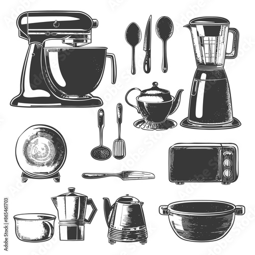 Vintage Kitchen Tools: Stand Mixer, Blender, Tea Kettle, Moka Pot, and Cookware Sketch.