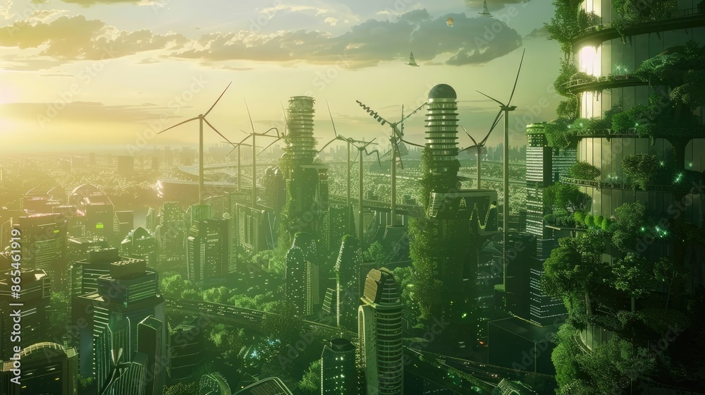 city of the future with alternative energy sources, solar panels ...