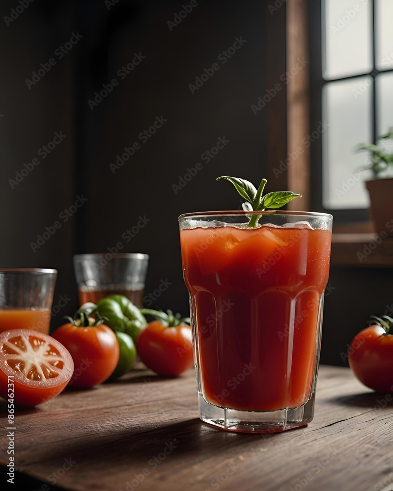 Zumo de tomate en vaso ancho junto a unos tomates en una cocina con una ventana Zumo de tomate en vaso ancho junto a unos tomates en una cocina con una ventana