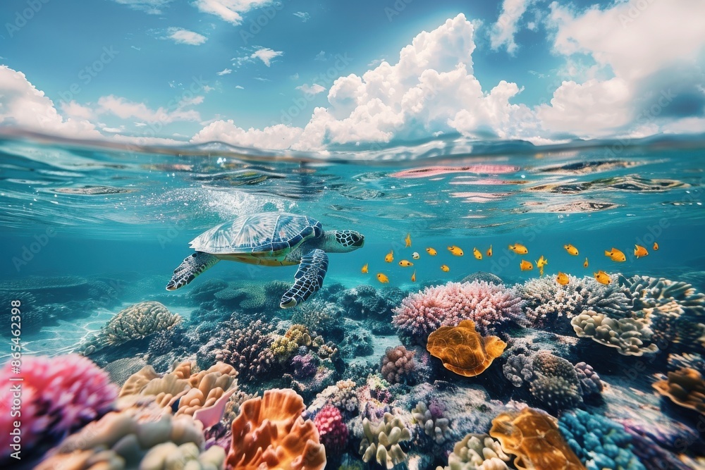 Fototapeta premium A turtle swimming in the ocean next to a coral reef