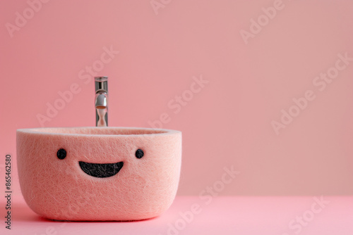 A unique felt basin. An unusual needle felted bathroom decor ornament. Cleancore restroom image with a pink background and copy space. photo