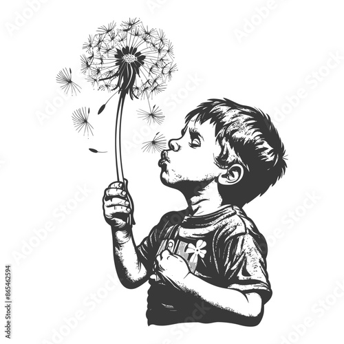 Child Blowing Dandelion Seeds: Monochrome Illustration, Wish, Childhood, Hope.