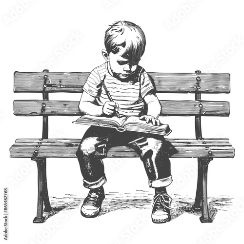 Boy Writes in Book, Bench Sketch, Focused Child, Striped Shirt.