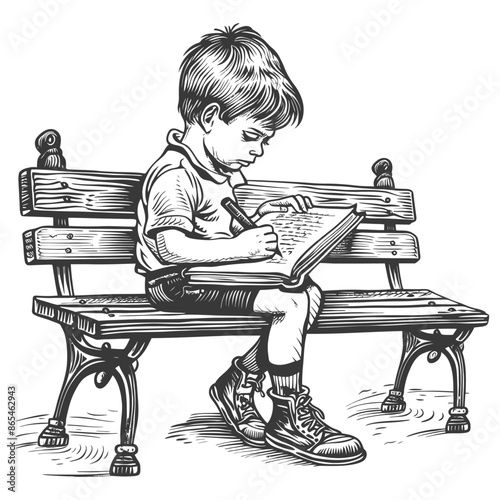 Pensive Boy on Park Bench: Sketching Dreams in a Journal.