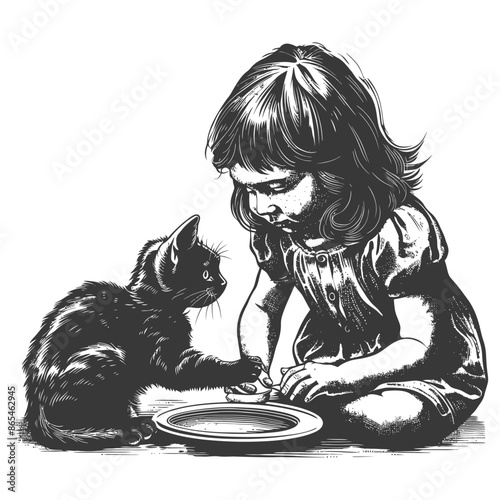 Girl Shares Food with Kitten: Antique Style Illustration, Affectionate Bond.
