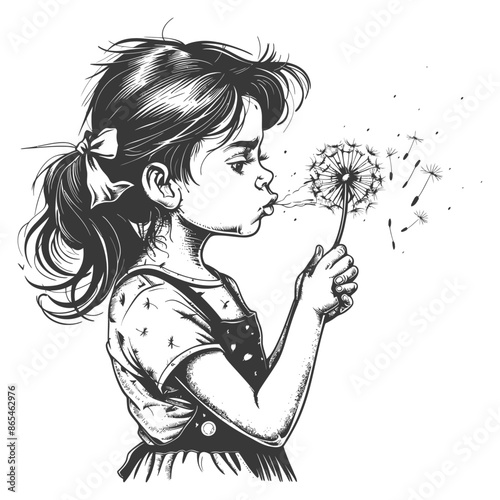 Sketch of a girl blowing dandelion seeds, vintage monochrome.
