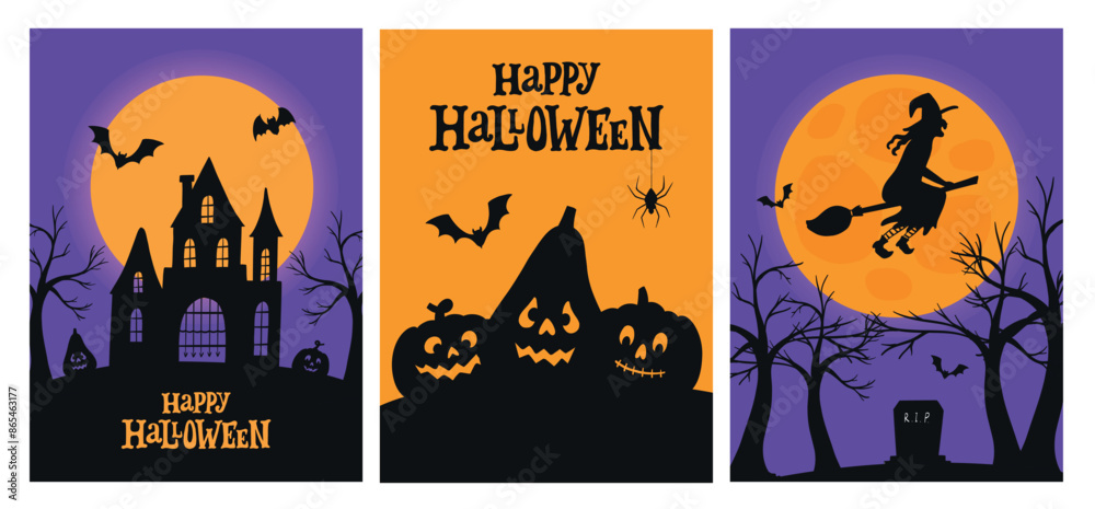Halloween cards, posters, prints, banners, wallpaper collection with lettering quotes and silhouettes of pumpkins, witches, bats, castles. Good for nursery decor, apparel, sublimation. EPS 10 Halloween cards, posters, prints, banners, wallpaper collection with lettering quotes and silhouettes of pumpkins, witches, bats, castles. Good for nursery decor, apparel, sublimation. EPS 10