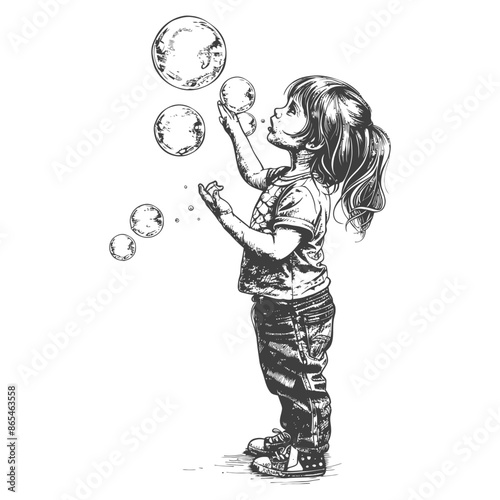 Hand-drawn girl blowing bubbles, innocent joy, vintage illustration.