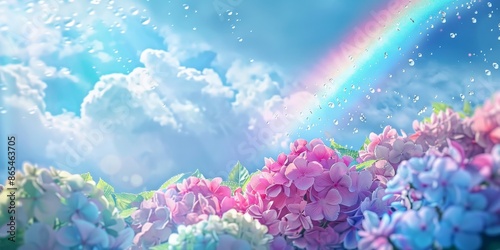 Vibrant Hydrangea Garden Under a Rainbow-filled Sky
