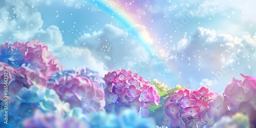 Vibrant Hydrangea Garden Under a Rainbow-filled Sky
