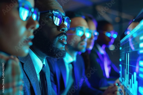 businesspeople analyzing social media data diverse group huddles around glowing screens charts reflect in their glasses modern office setting with sleek design blue digital glow permeates scene