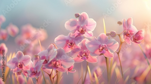 An enchanting scene of pink orchids bathed in soft morning sunlight, creating a dreamy and soothing atmosphere that highlights the beauty of these delicate flowers. © Oskar