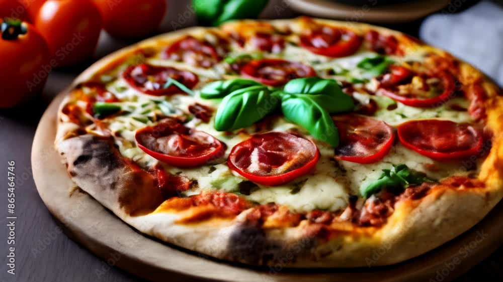 Freshly baked pizza with vibrant toppings ready to be savored Freshly baked pizza with vibrant toppings ready to be savored